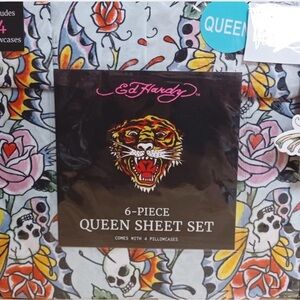 NWT Ed Hardy Colorful Floral and Skull Queen Sheet Set 6 piece set